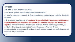CPC-2015:
Art. 373. O ônus da prova incumbe:
I - ao autor, quanto ao fato constitutivo de seu direito;
II - ao réu, quanto à existência de fato impeditivo, modificativo ou extintivo do direito
do autor.
§ 1o
Nos casos previstos em lei ou diante de peculiaridades da causa relacionadas à
impossibilidade ou à excessiva dificuldade de cumprir o encargo nos termos do
caput ou à maior facilidade de obtenção da prova do fato contrário, poderá o juiz
atribuir o ônus da prova de modo diverso, desde que o faça por decisão
fundamentada, caso em que deverá dar à parte a oportunidade de se desincumbir do
ônus que lhe foi atribuído.
(...)
 