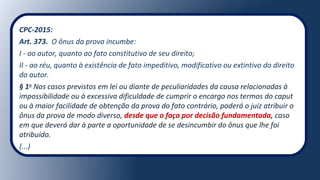 CPC-2015:
Art. 373. O ônus da prova incumbe:
I - ao autor, quanto ao fato constitutivo de seu direito;
II - ao réu, quanto à existência de fato impeditivo, modificativo ou extintivo do direito
do autor.
§ 1o
Nos casos previstos em lei ou diante de peculiaridades da causa relacionadas à
impossibilidade ou à excessiva dificuldade de cumprir o encargo nos termos do caput
ou à maior facilidade de obtenção da prova do fato contrário, poderá o juiz atribuir o
ônus da prova de modo diverso, desde que o faça por decisão fundamentada, caso
em que deverá dar à parte a oportunidade de se desincumbir do ônus que lhe foi
atribuído.
(...)
 