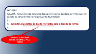 CPC-2015:
Art. 357. Não ocorrendo nenhuma das hipóteses deste Capítulo, deverá o juiz, em
decisão de saneamento e de organização do processo:
(...)
IV - delimitar as questões de direito relevantes para a decisão do mérito;
(...)
TODAS AS QUESTÕES DE
DIREITO SUSCITADAS PELAS
PARTES
 