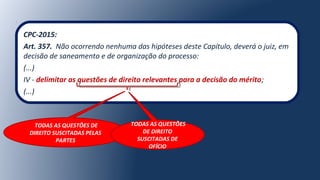 CPC-2015:
Art. 357. Não ocorrendo nenhuma das hipóteses deste Capítulo, deverá o juiz, em
decisão de saneamento e de organização do processo:
(...)
IV - delimitar as questões de direito relevantes para a decisão do mérito;
(...)
TODAS AS QUESTÕES DE
DIREITO SUSCITADAS PELAS
PARTES
TODAS AS QUESTÕES
DE DIREITO
SUSCITADAS DE
OFÍCIO
 