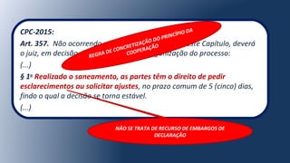 CPC-2015:
Art. 357. Não ocorrendo nenhuma das hipóteses deste Capítulo, deverá
o juiz, em decisão de saneamento e de organização do processo:
(...)
§ 1o
Realizado o saneamento, as partes têm o direito de pedir
esclarecimentos ou solicitar ajustes, no prazo comum de 5 (cinco) dias,
findo o qual a decisão se torna estável.
(...)
NÃO SE TRATA DE RECURSO DE EMBARGOS DE
DECLARAÇÃO
REGRA DE CONCRETIZAÇÃO DO PRINCÍPIO DA
COOPERAÇÃO
 