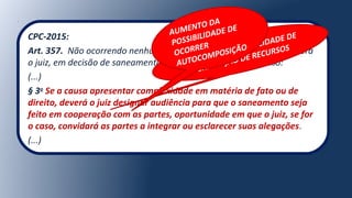 CPC-2015:
Art. 357. Não ocorrendo nenhuma das hipóteses deste Capítulo, deverá
o juiz, em decisão de saneamento e de organização do processo:
(...)
§ 3o
Se a causa apresentar complexidade em matéria de fato ou de
direito, deverá o juiz designar audiência para que o saneamento seja
feito em cooperação com as partes, oportunidade em que o juiz, se for
o caso, convidará as partes a integrar ou esclarecer suas alegações.
(...)
REDUÇÃO DA POSSIBILIDADE DE
INTERPOSIÇÃO DE RECURSOS
AUMENTO DA
POSSIBILIDADE DE
OCORRER
AUTOCOMPOSIÇÃO
 