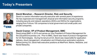 Today’s Presenters
Slide 2 © 2016 Enterprise Management Associates, Inc.
David Monahan – Research Director, Risk and Security
David is a senior information security executive with several years of experience.
He has organized and managed both physical and information security programs,
including security and network operations (SOCs and NOCs) for organizations
ranging from Fortune 100 companies to local government and small public and
private companies.
David Cramer, VP of Product Management, BMC
David joined BMC in 2015 and serves as Vice President of Product Management for
the Cloud/DCA business unit. Prior to BMC, David was head of product management
for CA Technologies. During his tenure at CA, David was responsible for application
delivery, cloud management, virtualization and Infrastructure automation solutions.
Before joining CA, David held executive positions at AlterPoint, Motive, NetSolve, and
Nortel Networks.
 