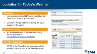 Logistics for Today’s Webinar
Slide 3 © 2016 Enterprise Management Associates, Inc.
Questions
• An archived version of the event recording
will be available at
www.enterprisemanagement.com
• Log questions in the Q&A panel located on the
lower right corner of your screen
• Questions will be addressed during the Q&A
session of the event
Event recording
Event presentation
• A PDF of the PowerPoint presentation will be
emailed to you as part of the follow-up email.
 