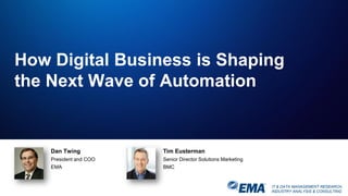 IT & DATA MANAGEMENT RESEARCH,
INDUSTRY ANALYSIS & CONSULTING
Dan Twing
President and COO
EMA
How Digital Business is Shaping
the Next Wave of Automation
Tim Eusterman
Senior Director Solutions Marketing
BMC
 