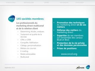 METHODOLOGIEINTRODUCTION LES MARQUESUSAGES CONCLUSION
Septembre 2013
• 145 sociétés membres :
Les professionnels du
marketing direct multicanal
et de la relation client
– Datamining, études, analyses
– Traitement et qualité de la
donnée
– CRM, e-CRM
– Conquête, fidélisation
– Ciblage, personnalisation
– Métiers du courrier
– E-mailing
– Media adressables
– Multicanal
• Promotion des techniques
du marketing direct et de ses
métiers
• Défense des métiers du
marketing direct
• Expertise de ses membres
sur l’ensemble des canaux
BtoB et BtoC
• Protection de la vie privée
et des données personnelles
• Prises de positions
www.sncd.org
 
