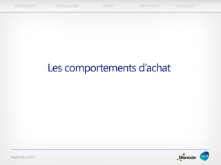 METHODOLOGIEINTRODUCTION LES MARQUESUSAGES CONCLUSION
Septembre 2013
Les comportements d’achat
 