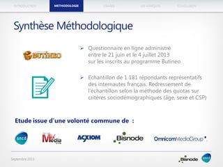 METHODOLOGIEINTRODUCTION LES MARQUESUSAGES CONCLUSION
Septembre 2013
METHODOLOGIE
Etude issue d’une volonté commune de :
 Questionnaire en ligne administré
entre le 21 juin et le 4 juillet 2013
sur les inscrits au programme Butineo
 Echantillon de 1 181 répondants représentatifs
des internautes français. Redressement de
l’échantillon selon la méthode des quotas sur
critères sociodémographiques (âge, sexe et CSP)
Synthèse Méthodologique
 