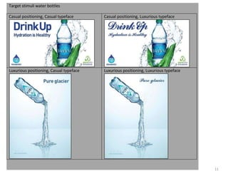 11
Target stimuli water bottles
Casual positioning, Casual typeface Casual positioning, Luxurious typeface
Luxurious positioning, Casual typeface Luxurious positioning, Luxurious typeface
 