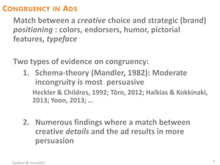 CONGRUENCY IN ADS
Match between a creative choice and strategic (brand)
positioning : colors, endorsers, humor, pictorial
features, typeface
Two types of evidence on congruency:
1. Schema-theory (Mandler, 1982): Moderate
incongruity is most persuasive
Heckler & Childres, 1992; Törn, 2012; Halkias & Kokkinaki,
2013; Yoon, 2013; …
2. Numerous findings where a match between
creative details and the ad results in more
persuasion
Typeface @ emac2015 5
 