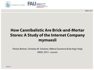 EMAC 2015
How Cannibalistic Are Brick-and-Mortar
Stores: A Study of the Internet Company
mymuesli
Florian Breiner, Christian W. Scheiner, Milena Goranova & Kai-Ingo Voigt
EMAC 2015 - Leuven
17.07.15
 