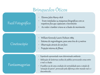 Brinquedos Óticos
• Étienne-Jules Marey-1878
• Eram instaladas 24 máquinas fotográficas com os
respetivos fios que captavam o movimento
• Ao rodar o tambor criava-se a ilusão do movimento
Fuzil Fotográfico
• William Kennedy Laurie Dickson-1889
• Sistema de engrenhagem, para uma tira de 15 metros
• Observação através de um furo
• Projeção interna de filmes
Cinetoscópio
• Espetáculo apresentado num determinado ambiente
• Utilização de lanternas ocultas do público provocando cenas entre
o real e a ilusão
• O publico sai de uma condição de normalidade para o estado de
‘sensação de pavor’, provocado pela diferença entre mundo real e o
desconhecido.
Fantasmagorias
 
