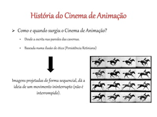História do Cinema de Animação
 Como e quando surgiu o Cinema de Animação?
• Desde a escrita nas paredes das cavernas.
• Baseada numa ilusão de ótica (Persistência Retiniana)
Imagens projetadas de forma sequencial, dá a
ideia de um movimento ininterrupto (não é
interrompido).
 