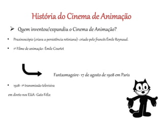 História do Cinema de Animação
 Quem inventou/expandiu o Cinema de Animação?
• Praxinoscópio (criava a persistência retiniana)- criado pelo francês Émile Reynaud.
• 1º Filme de animação- Émile Courtet
• 1928- 1ª transmissão televisiva
em direto nos EUA- Gato Félix
Fantasmagoire- 17 de agosto de 1908 em Paris
 