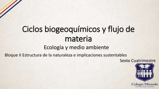 Ciclos biogeoquímicos y flujo de
materia
Ecología y medio ambiente
Bloque II Estructura de la naturaleza e implicaciones sustentables
Sexto Cuatrimestre
 