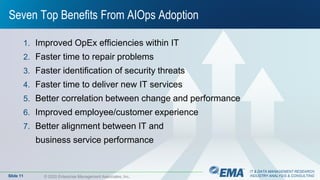 IT & DATA MANAGEMENT RESEARCH,
INDUSTRY ANALYSIS & CONSULTING© 2020 Enterprise Management Associates, Inc.
Seven Top Benefits From AIOps Adoption
1. Improved OpEx efficiencies within IT
2. Faster time to repair problems
3. Faster identification of security threats
4. Faster time to deliver new IT services
5. Better correlation between change and performance
6. Improved employee/customer experience
7. Better alignment between IT and
business service performance
Slide 11
 