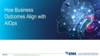 IT & DATA MANAGEMENT RESEARCH,
INDUSTRY ANALYSIS & CONSULTING
How Business
Outcomes Align with
AIOps
Slide 22 © 2020 Enterprise Management Associates, Inc.
 