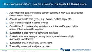 IT & DATA MANAGEMENT RESEARCH,
INDUSTRY ANALYSIS & CONSULTING© 2020 Enterprise Management Associates, Inc.
EMA’s Recommendation: Look for a Solution That Meets All These Criteria
1. Assimilation of data from cross-domain sources in high data volumes for
cross-domain insights
2. Access to multiple data types, e.g., events, metrics, logs, etc.
3. Multi-domain support in terms of roles
4. Capabilities for self-learning to deliver predictive and/or prescriptive
and/or if/then actionable insights
5. Support for a wide range of advanced heuristics
6. Potential use as a strategic overlay that may assimilate multiple
monitoring investments
7. Support for private cloud and public cloud
8. The ability to support multiple use cases
Slide 29
 