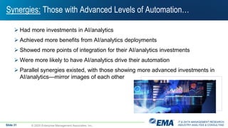 IT & DATA MANAGEMENT RESEARCH,
INDUSTRY ANALYSIS & CONSULTING© 2020 Enterprise Management Associates, Inc.
Synergies: Those with Advanced Levels of Automation…
 Had more investments in AI/analytics
 Achieved more benefits from AI/analytics deployments
 Showed more points of integration for their AI/analytics investments
 Were more likely to have AI/analytics drive their automation
 Parallel synergies existed, with those showing more advanced investments in
AI/analytics—mirror images of each other
Slide 31
 