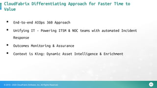 43© 2015 - 2020 CloudFabrix Software, Inc. All Rights Reserved
CloudFabrix Differentiating Approach for Faster Time to
Value
▪ End-to-end AIOps 360 Approach
▪ Unifying IT - Powering ITSM & NOC teams with automated Incident
Response
▪ Outcomes Monitoring & Assurance
▪ Context is King: Dynamic Asset Intelligence & Enrichment
 