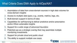 IT & DATA MANAGEMENT RESEARCH,
INDUSTRY ANALYSIS & CONSULTING© 2020 Enterprise Management Associates, Inc.
What Criteria Does EMA Apply to AIOps/AIA?
1. Assimilation of data from cross-domain sources in high data volumes for
cross-domain insights
2. Access to multiple data types, e.g., events, metrics, logs, etc.
3. Multi-domain support in terms of roles
4. Capabilities for self-learning to deliver predictive and/or prescriptive
and/or if/then actionable insights
5. Support for a wide range of advanced heuristics
6. Potential use as a strategic overlay that may assimilate multiple
monitoring investments
7. Support for private cloud and public cloud
8. The ability to support multiple use cases
Slide 8
 