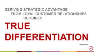 DERIVING STRATEGIC ADVANTAGE
FROM LOYAL CUSTOMER RELATIONSHIPS
REQUIRES
TRUE
DIFFERENTIATION- Bain and Co
 