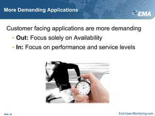 More Demanding ApplicationsCustomer facing applications are more demandingOut: Focus solely on AvailabilityIn: Focus on performance and service levelsSlide  22End-User-Monitoring.com
