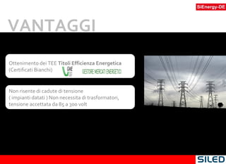 Ottenimento dei TEE  Titoli Efficienza Energetica  (Certificati Bianchi)  Non risente di cadute di tensione  ( impianti datati ) Non necessita di trasformatori, tensione accettata da 85 a 300 volt VANTAGGI 