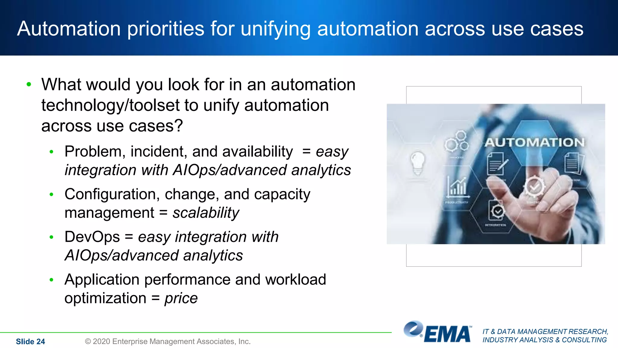 IT & DATA MANAGEMENT RESEARCH,
INDUSTRY ANALYSIS & CONSULTING
Automation priorities for unifying automation across use cases
• What would you look for in an automation
technology/toolset to unify automation
across use cases?
• Problem, incident, and availability = easy
integration with AIOps/advanced analytics
• Configuration, change, and capacity
management = scalability
• DevOps = easy integration with
AIOps/advanced analytics
• Application performance and workload
optimization = price
Slide 24 © 2020 Enterprise Management Associates, Inc.
 