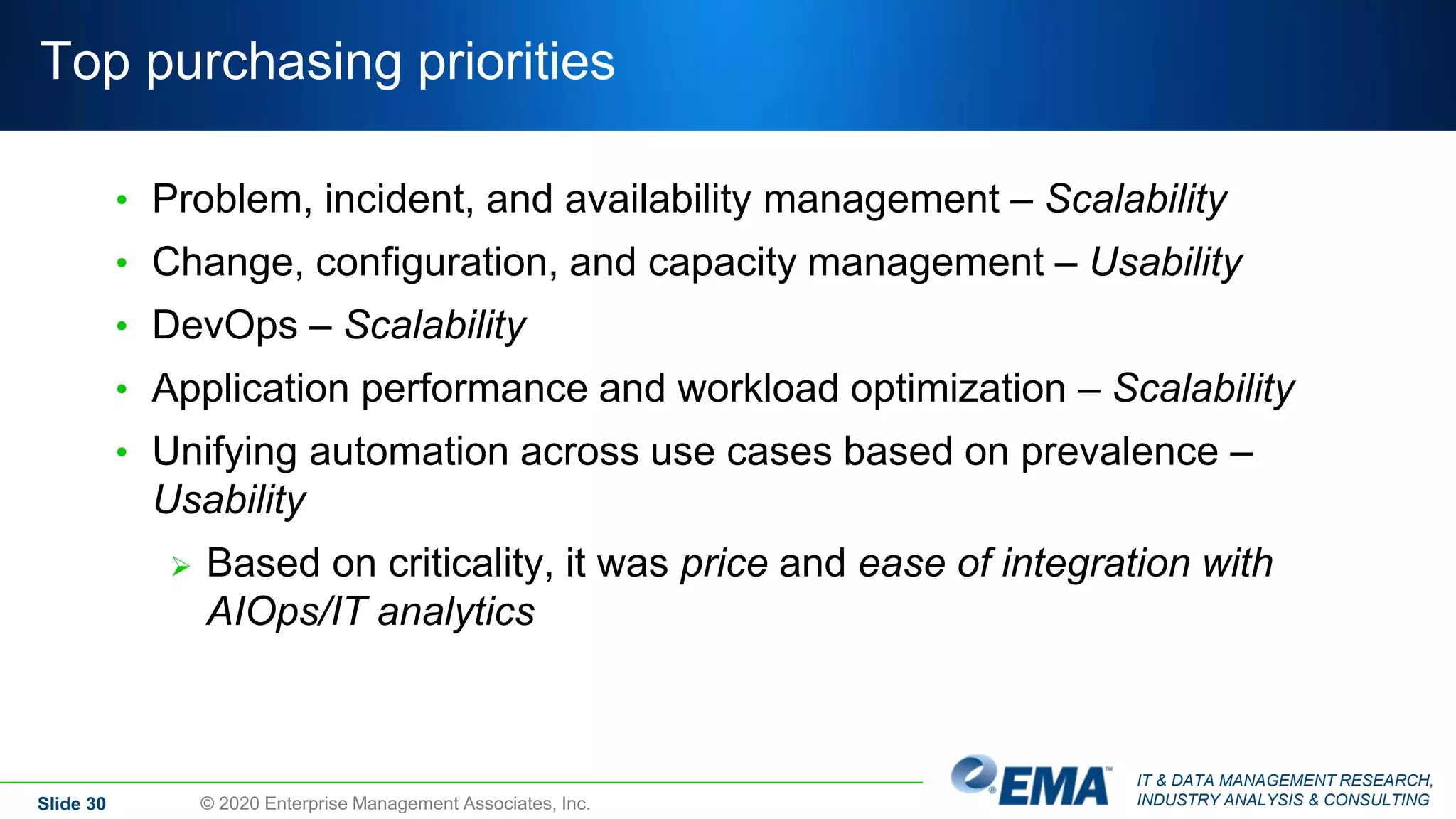IT & DATA MANAGEMENT RESEARCH,
INDUSTRY ANALYSIS & CONSULTING
Top purchasing priorities
• Problem, incident, and availability management – Scalability
• Change, configuration, and capacity management – Usability
• DevOps – Scalability
• Application performance and workload optimization – Scalability
• Unifying automation across use cases based on prevalence –
Usability
 Based on criticality, it was price and ease of integration with
AIOps/IT analytics
Slide 30 © 2020 Enterprise Management Associates, Inc.
 