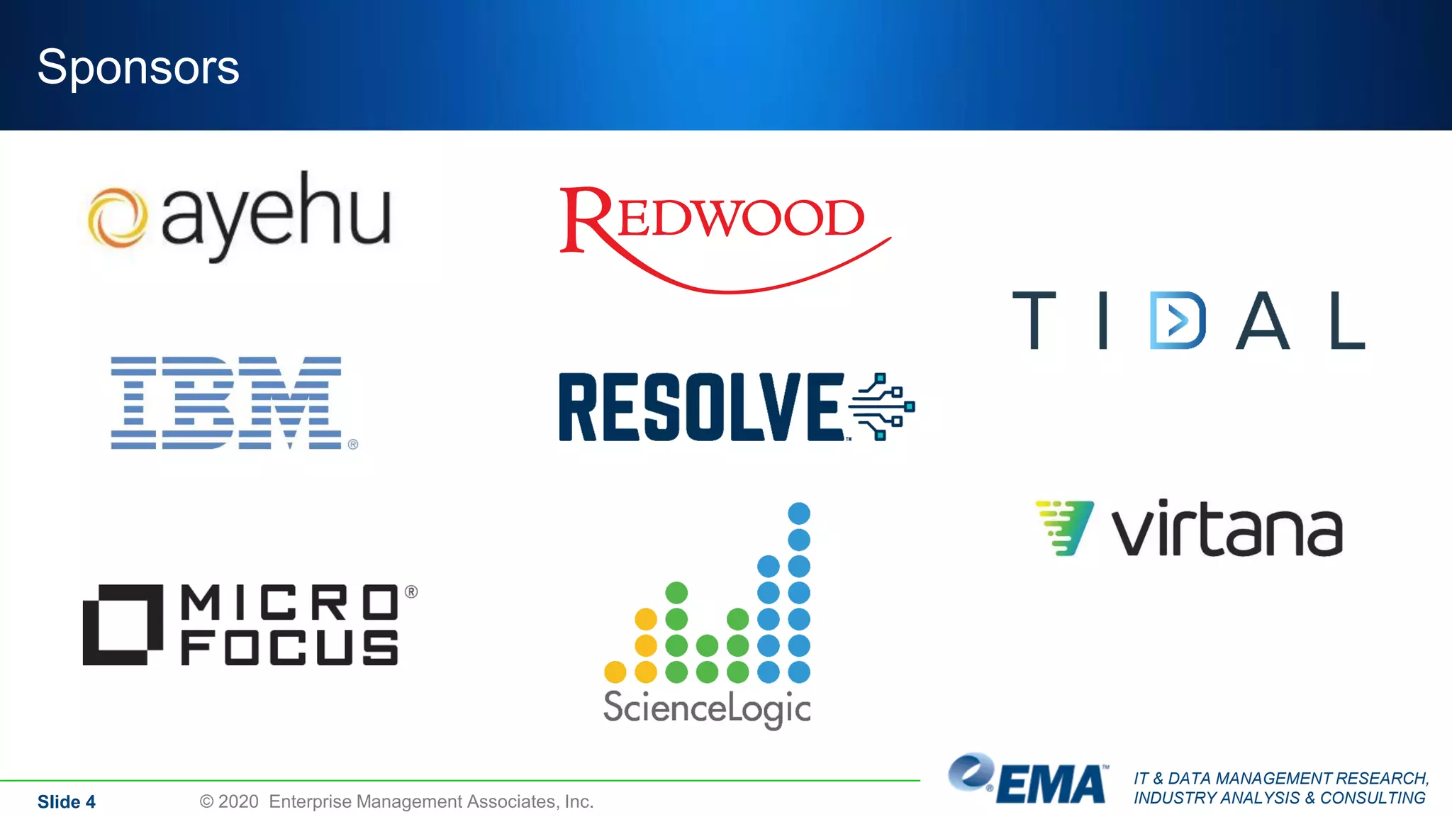 IT & DATA MANAGEMENT RESEARCH,
INDUSTRY ANALYSIS & CONSULTING
Sponsors
Slide 4 © 2020 Enterprise Management Associates, Inc.
 