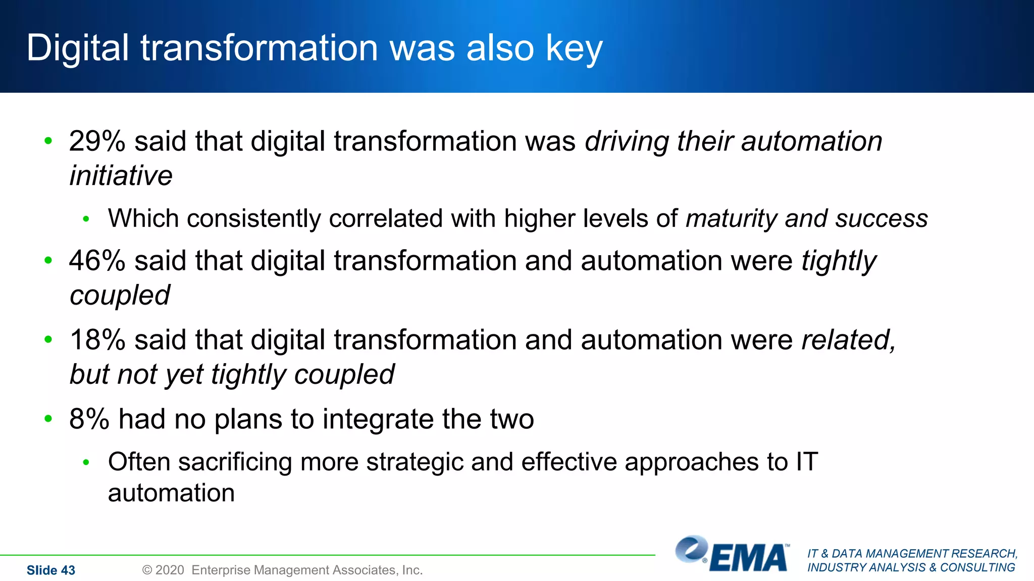 IT & DATA MANAGEMENT RESEARCH,
INDUSTRY ANALYSIS & CONSULTING
Digital transformation was also key
• 29% said that digital transformation was driving their automation
initiative
• Which consistently correlated with higher levels of maturity and success
• 46% said that digital transformation and automation were tightly
coupled
• 18% said that digital transformation and automation were related,
but not yet tightly coupled
• 8% had no plans to integrate the two
• Often sacrificing more strategic and effective approaches to IT
automation
Slide 43 © 2020 Enterprise Management Associates, Inc.
 