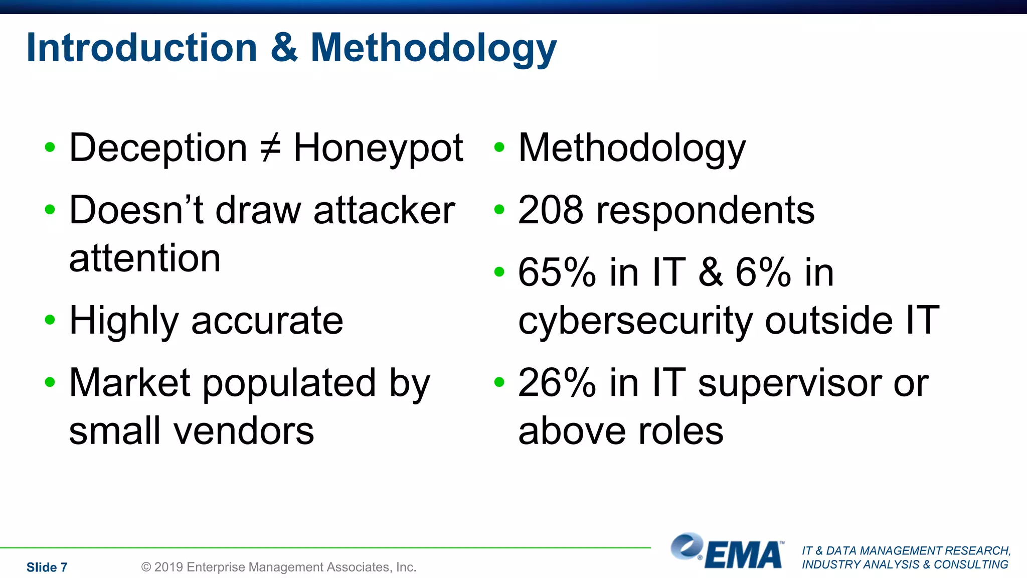 IT & DATA MANAGEMENT RESEARCH,
INDUSTRY ANALYSIS & CONSULTING
Introduction & Methodology
• Deception ≠ Honeypot
• Doesn’t draw attacker
attention
• Highly accurate
• Market populated by
small vendors
• Methodology
• 208 respondents
• 65% in IT & 6% in
cybersecurity outside IT
• 26% in IT supervisor or
above roles
Slide 7 © 2019 Enterprise Management Associates, Inc.
 