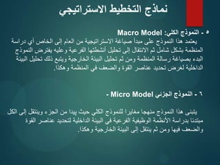 5
-
‫الكلي‬ ‫النموذج‬
:
Macro Model
‫دراسة‬ ‫أي‬ ‫الخاص‬ ‫إلى‬ ‫العام‬ ‫من‬ ‫االستراتيجية‬ ‫صياغة‬ ‫مبدأ‬ ‫على‬ ‫النموذج‬ ‫هذا‬ ‫يعتمد‬
‫النموذج‬ ‫يفترض‬ ‫وعليه‬ ‫الفرعية‬ ‫أنشطتها‬ ‫تحليل‬ ‫إلى‬ ‫االنتقال‬ ‫ثم‬ ‫شامل‬ ‫بشكل‬ ‫المنظمة‬
‫البيئة‬ ‫تحليل‬ ‫ذلك‬ ‫ويتبع‬ ‫الخارجية‬ ‫البيئة‬ ‫تحليل‬ ‫ثم‬ ‫ومن‬ ‫المنظمة‬ ‫رسالة‬ ‫بصياغة‬ ‫البدء‬
‫وهكذا‬ ‫المنظمة‬ ‫في‬ ‫والضعف‬ ‫القوة‬ ‫عناصر‬ ‫تحديد‬ ‫لغرض‬ ‫الداخلية‬
.
6
-
‫الجزئي‬ ‫النموذج‬
Micro Model
-
‫الكل‬ ‫إلى‬ ‫وينتقل‬ ‫الجزء‬ ‫من‬ ‫پيدا‬ ‫حيث‬ ‫الكلي‬ ‫للنموذج‬ ‫مغايرا‬ ‫منهجا‬ ‫النموذج‬ ‫هذا‬ ‫يتبنى‬
‫القوة‬ ‫عناصر‬ ‫لتحديد‬ ‫الداخلية‬ ‫البيئة‬ ‫في‬ ‫الفرعية‬ ‫الوظيفية‬ ‫األنظمة‬ ‫بدراسة‬ ‫مبتدئا‬
‫وهكذا‬ ‫الخارجية‬ ‫البيئة‬ ‫إلى‬ ‫ينتقل‬ ‫ثم‬ ‫ومن‬ ‫فيها‬ ‫والضعف‬
.
‫االستراتيجي‬ ‫التخطيط‬ ‫نماذج‬
 