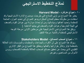 10
-
‫هارفارد‬ ‫نموذج‬
-
Harvard Model
‫وقد‬ ‫االستراتيجية‬ ‫اإلدارة‬ ‫موضوع‬ ،‫طرحت‬ ‫التي‬ ‫النماذج‬ ‫أولى‬ ‫من‬ ‫النموذج‬ ‫هذا‬ ‫يعتبر‬
‫المتاحة‬ ‫الموارد‬ ‫تحديد‬ ‫إلى‬ ‫النموذج‬ ‫ويدعو‬ ‫المبكرة‬ ‫النماذج‬ ‫معظم‬ ‫مكوناته‬ ‫من‬ ‫استفادت‬
‫والضعف‬ ‫القوة‬ ‫عوامل‬ ‫بين‬ ‫موازنة‬ ‫إحداث‬ ‫ثم‬ ‫ومن‬ ‫وسياساتها‬ ‫أهدافها‬ ‫وتحديد‬ ‫للمنظمة‬
‫الداخلية‬ ‫بيئتها‬ ‫في‬ ‫والضعف‬ ‫القوة‬ ‫وعوامل‬ ‫الخارجية‬ ‫البيئة‬ ‫في‬
.
|
‫األولى‬ ‫مرحلتين‬ ‫على‬ ‫االستراتيجية‬ ‫تبني‬ ‫النموذج‬ ‫هذا‬ ‫ووفق‬
:
‫التوجه‬ ‫مرحلة‬
‫والثانية‬ ‫للمنظمة‬ ‫االستراتيجي‬
:
‫التنفيذ‬ ‫مرحلة‬
.
11
-
‫المصالح‬ ‫أصحاب‬ ‫نموذج‬
-
Stakeholders Model
‫العالقة‬ ‫ذات‬ ‫والمؤسسات‬ ‫والمنظمات‬ ‫والجماعات‬ ‫األفراد‬ ‫أن‬ ‫على‬ ‫النموذج‬ ‫هذا‬ ‫ويؤكد‬
‫اإلداري‬ ‫الفكر‬ ‫من‬ ‫النموذج‬ ‫هذا‬ ‫وينطلق‬ ‫وأفعالها‬ ‫بقراراتها‬ ‫وتتأثر‬ ‫تؤثر‬ ‫بالمنظمة‬
‫رؤوس‬ ‫كأصحاب‬ ‫بالمنظمة‬ ‫العالقة‬ ‫أصحاب‬ ‫مصالح‬ ‫تحقيق‬ ‫عن‬ ‫يبحث‬ ‫الذي‬ ‫التقليدي‬
‫وغيرهم‬ ‫المساهمين‬ ‫من‬ ‫األموال‬
.
‫االستراتيجي‬ ‫التخطيط‬ ‫نماذج‬
 