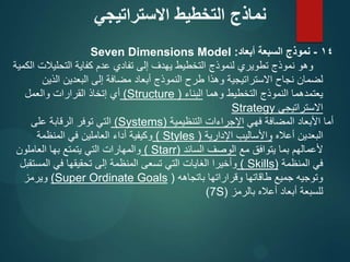 14
-
‫أبعاد‬ ‫السبعة‬ ‫نموذج‬
:
Seven Dimensions Model
‫الكمية‬ ‫التحليالت‬ ‫كفاية‬ ‫عدم‬ ‫تفادي‬ ‫إلى‬ ‫يهدف‬ ‫التخطيط‬ ‫لنموذج‬ ‫تطويري‬ ‫نموذج‬ ‫وهو‬
‫الذين‬ ‫البعدين‬ ‫إلى‬ ‫مضافة‬ ‫أبعاد‬ ‫النموذج‬ ‫طرح‬ ‫وهذا‬ ‫االستراتيجية‬ ‫نجاح‬ ‫لضمان‬
‫وهما‬ ‫التخطيط‬ ‫النموذج‬ ‫يعتمدهما‬
‫البناء‬
(
Structure
)
‫والعمل‬ ‫القرارات‬ ‫إتخاذ‬ ‫أي‬
‫االستراتيجي‬
Strategy
‫فهي‬ ‫المضافة‬ ‫األبعاد‬ ‫أما‬
‫التنظيمية‬ ‫اإلجراءات‬
(
Systems
)
‫على‬ ‫الرقابة‬ ‫توفر‬ ‫التي‬
‫أعاله‬ ‫البعدين‬
‫اإلدارية‬ ‫واألساليب‬
(
Styles
)
‫المنظمة‬ ‫في‬ ‫العاملين‬ ‫أداء‬ ‫وكيفية‬
‫مع‬ ‫يتوافق‬ ‫بما‬ ‫ألعمالهم‬
‫السائد‬ ‫الوصف‬
(
Starr
)
‫العاملون‬ ‫بها‬ ‫يتمتع‬ ‫التي‬ ‫والمهارات‬
‫المنظمة‬ ‫في‬
(
Skills
)
‫المستقبل‬ ‫في‬ ‫تحقيقها‬ ‫إلى‬ ‫المنظمة‬ ‫تسعى‬ ‫التي‬ ‫الغايات‬ ‫وأخيرا‬
‫باتجاهه‬ ‫وقراراتها‬ ‫طاقاتها‬ ‫جميع‬ ‫وتوجيه‬
(
Super Ordinate Goals
)
‫ويرمز‬
‫بالرمز‬ ‫أعاله‬ ‫أبعاد‬ ‫للسبعة‬
(
7S
)
‫االستراتيجي‬ ‫التخطيط‬ ‫نماذج‬
 