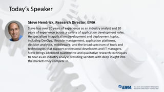 IT & DATA MANAGEMENT RESEARCH,
INDUSTRY ANALYSIS & CONSULTING
IT & DATA MANAGEMENT RESEARCH,
INDUSTRY ANALYSIS & CONSULTING
Today’s Speaker
3
Steve Hendrick, Research Director, EMA
Steve has over 20 years of experience as an industry analyst and 10
years of experience across a variety of application development roles.
He specializes in application development and deployment topics,
including DevOps, lifecycle management, application platforms,
decision analytics, middleware, and the broad spectrum of tools and
technologies that support professional developers and IT managers.
Steve brings advanced quantitative and qualitative research techniques
to bear as an industry analyst providing vendors with deep insight into
the markets they compete in.
 