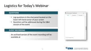 IT & DATA MANAGEMENT RESEARCH,
INDUSTRY ANALYSIS & CONSULTING
Logistics for Today’s Webinar
An archived version of the event recording will be
available at www.enterprisemanagement.com
• Log questions in the chat panel located on the
lower left-hand corner of your screen
• Questions will be addressed during the Q&A
session of the event
QUESTIONS
EVENT RECORDING
4
 