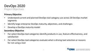 IT & DATA MANAGEMENT RESEARCH,
INDUSTRY ANALYSIS & CONSULTING
DevOps 2020
Project Objectives
Primary Objective
• Understand current and planned DevOps tool category use across 20 DevOps market
segments
• Identify large enterprise DevOps maturity, objectives, and challenges
• Develop a DevOps maturity model
Secondary Objective
• For select DevOps tool categories identify products in use, feature effectiveness, and
satisfaction
• For select DevOps tool categories evaluate what is driving tool selection or reasons
for not using a tool
7
 