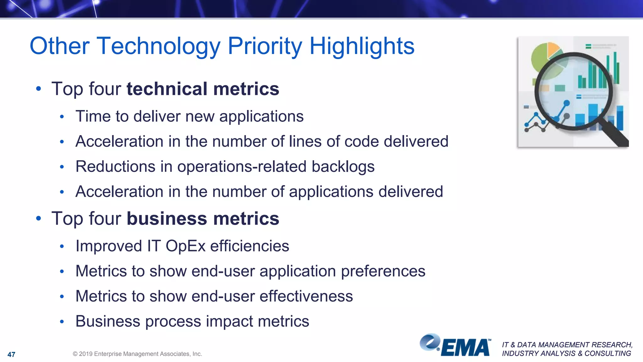 IT & DATA MANAGEMENT RESEARCH,
INDUSTRY ANALYSIS & CONSULTING
IT & DATA MANAGEMENT RESEARCH,
INDUSTRY ANALYSIS & CONSULTING
• Top four technical metrics
• Time to deliver new applications
• Acceleration in the number of lines of code delivered
• Reductions in operations-related backlogs
• Acceleration in the number of applications delivered
• Top four business metrics
• Improved IT OpEx efficiencies
• Metrics to show end-user application preferences
• Metrics to show end-user effectiveness
• Business process impact metrics
Other Technology Priority Highlights
© 2019 Enterprise Management Associates, Inc.47
 