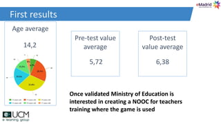 First results
Age average
Pre-test value
average
Post-test
value average14,2
6,385,72
Once validated Ministry of Education is
interested in creating a NOOC for teachers
training where the game is used
 