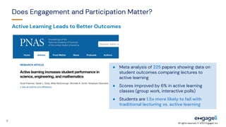 Does Engagement and Participation Matter?
9
● Meta analysis of 225 papers showing data on
student outcomes comparing lectu...