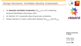• An Identity Verifiable Credential (VCident
) is a VC containing
Personal Identifiable Information (PII).
• An Identity V...