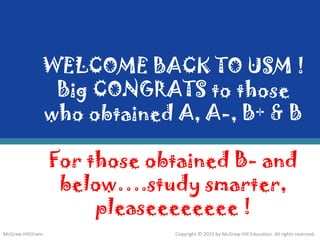 WELCOME BACK TO USM !
Big CONGRATS to those
who obtained A, A-, B+ & B
For those obtained B- and
below….study smarter,
pleaseeeeeeee !
McGraw-Hill/Irwin Copyright © 2015 by McGraw-Hill Education. All rights reserved.
 