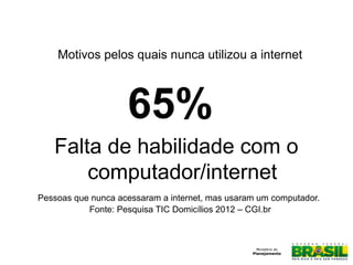 65%
Falta de habilidade com o
computador/internet
Fonte: Pesquisa TIC Domicílios 2012 – CGI.br
Pessoas que nunca acessaram a internet, mas usaram um computador.
Motivos pelos quais nunca utilizou a internet
Fonte: http://www.cetic.br/
 
