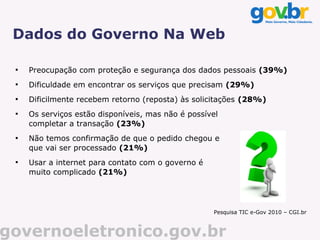 Dados do Governo Na Web

 
     Preocupação com proteção e segurança dos dados pessoais (39%)
 
     Dificuldade em encontrar os serviços que precisam (29%)
 
     Dificilmente recebem retorno (reposta) às solicitações (28%)
 
     Os serviços estão disponíveis, mas não é possível
     completar a transação (23%)
 
     Não temos confirmação de que o pedido chegou e
     que vai ser processado (21%)
 
     Usar a internet para contato com o governo é               Ícone
                                                                mostrando um
     muito complicado (21%)                                     sinal de
                                                                interrogação




                                                    Pesquisa TIC e-Gov 2010 – CGI.br



governoeletronico.gov.br
 