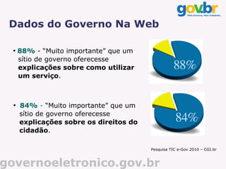 Dados do Governo Na Web

  
      88% - “Muito importante” que um       Gráfico de pizza
                                            com a percentagem
      sítio de governo oferecesse           de 88%

      explicações sobre como utilizar
      um serviço.



  
      84% - “Muito importante” que um       Gráfico de pizza
                                            com a percentagem
      sítio de governo oferecesse           de 84%

      explicações sobre os direitos do
      cidadão.

                                         Pesquisa TIC e-Gov 2010 – CGI.br



governoeletronico.gov.br
 