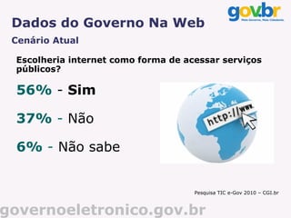 Dados do Governo Na Web
 Cenário Atual

 Escolheria internet como forma de acessar serviços
 públicos?

 56% - Sim

 37% - Não                          Icone www


 6% - Não sabe


                                     Pesquisa TIC e-Gov 2010 – CGI.br



governoeletronico.gov.br
 
