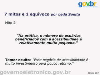 7 mitos e 1 equívoco por Leda Spelta

 Mito 2


       "Na prática, o número de usuários
      beneficiados com a acessibilidade é
        relativamente muito pequeno."




 Temor oculto: "Esse negócio de acessibilidade é
 muito investimento para pouco retorno."

governoeletronico.gov.br                       30 de 117
 
