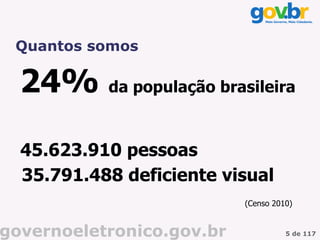 Quantos somos

  24% da população brasileira
  45.623.910 pessoas
  35.791.488 deficiente visual
                           (Censo 2010)


governoeletronico.gov.br             5 de 117
 